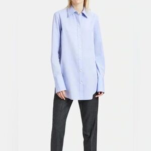 Theory Women’s Classic Tuxedo Shirt Blue Derby Cotton Size P Petite Button Down